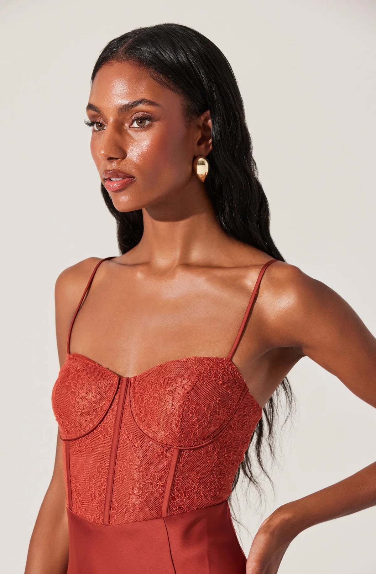 Lace Bustier Midi Dress- Rust