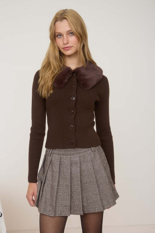 Josie Faux Fur Collar Cardigan- Brown