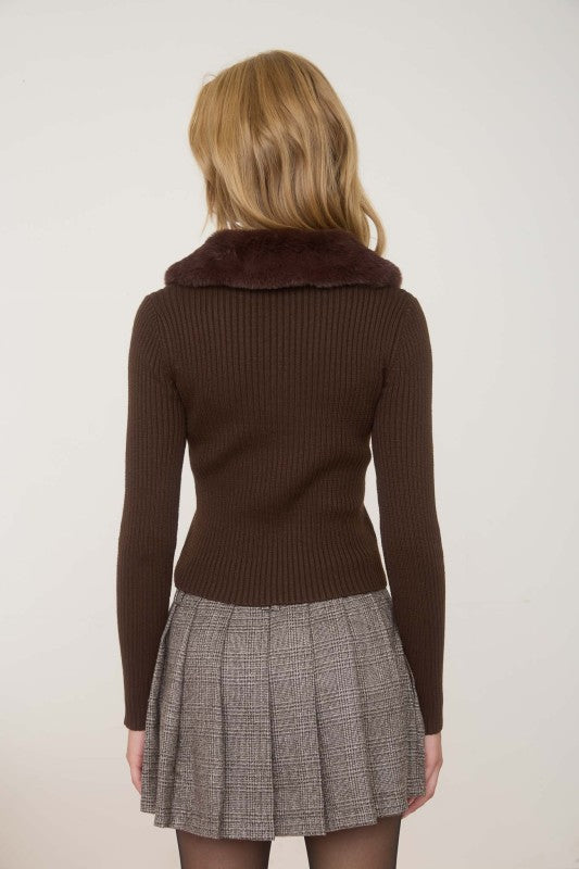 Josie Faux Fur Collar Cardigan- Brown