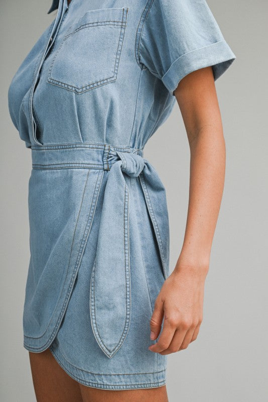 womens denim wrap dress Blue Petite Volume Sleeve Denim Wrap Dress