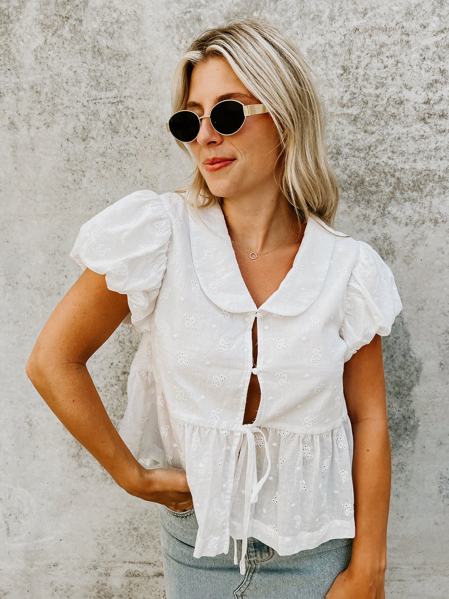 Eyelet Puff Sleeve Blouse