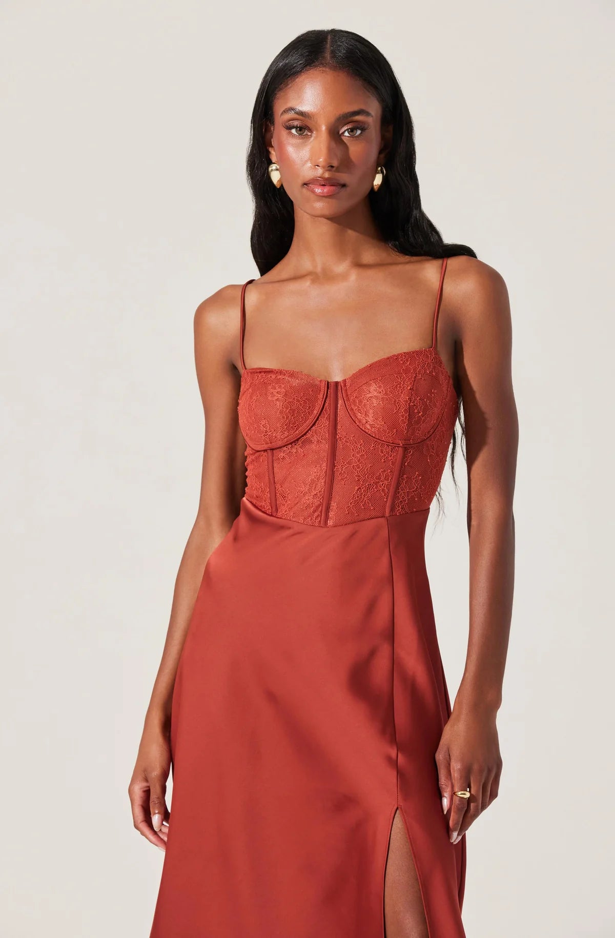 Lace Bustier Midi Dress- Rust