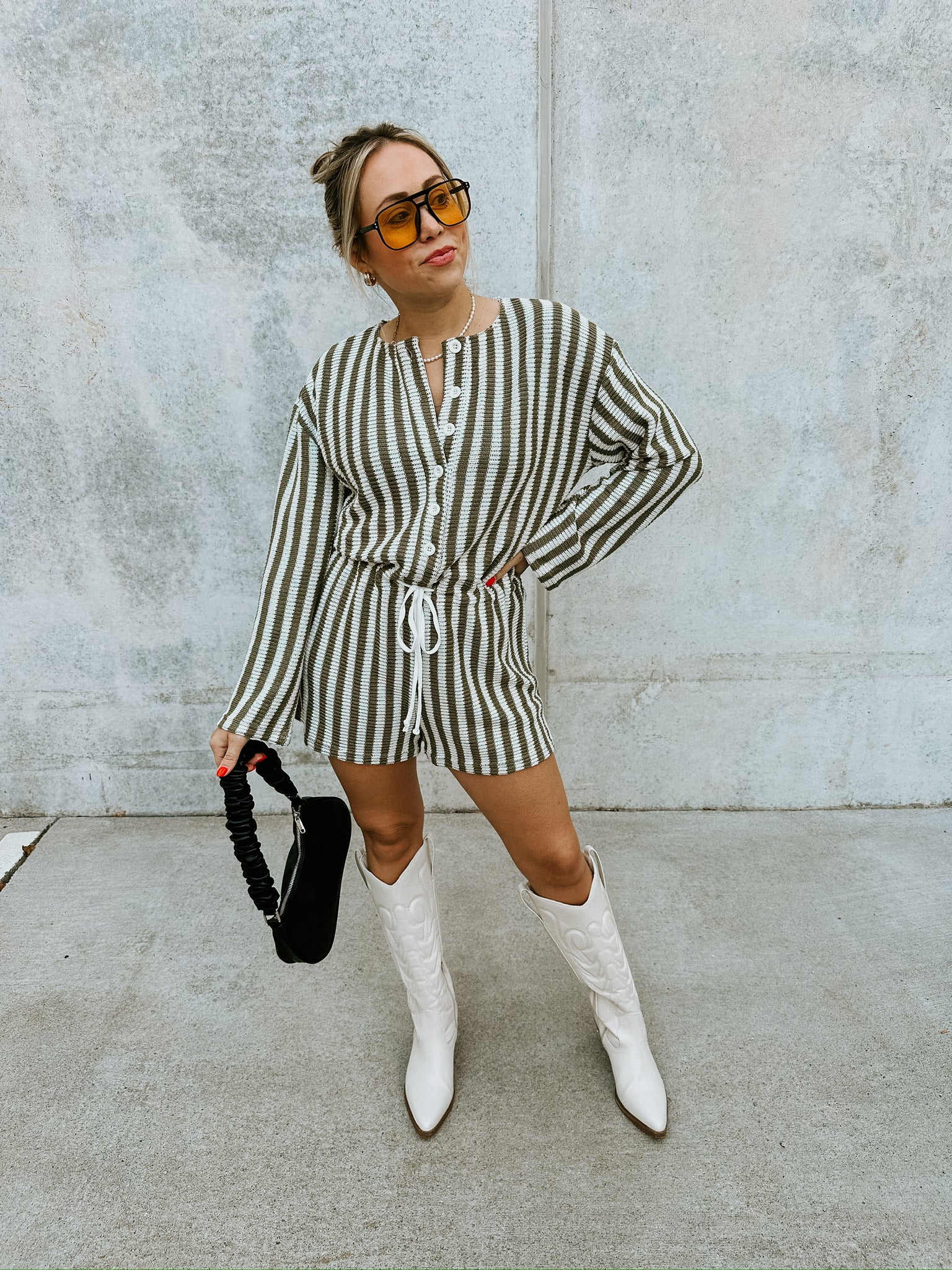 Olive Striped Knit Romper