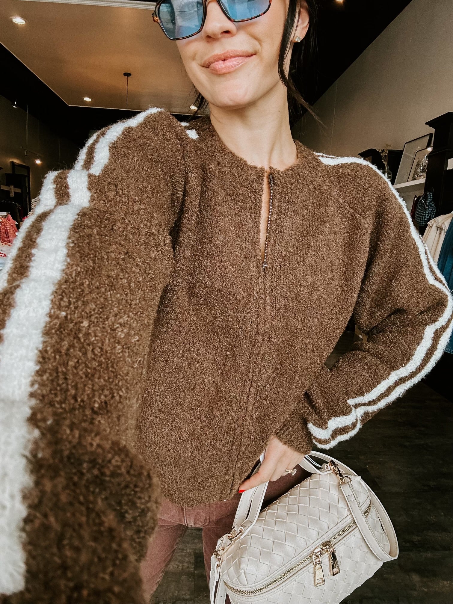 Reba Zip-Up Sweater- Brown