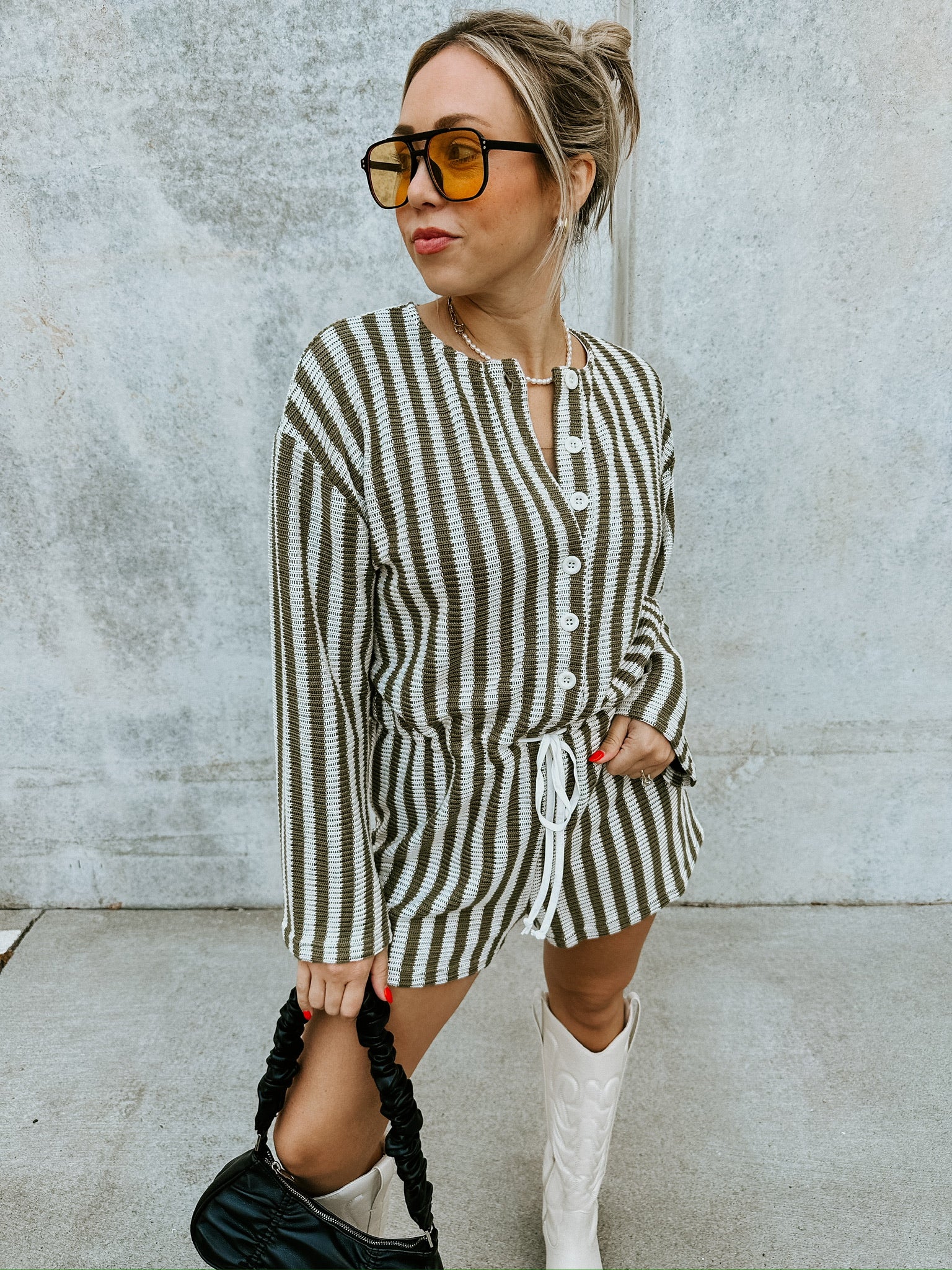 Olive Striped Knit Romper