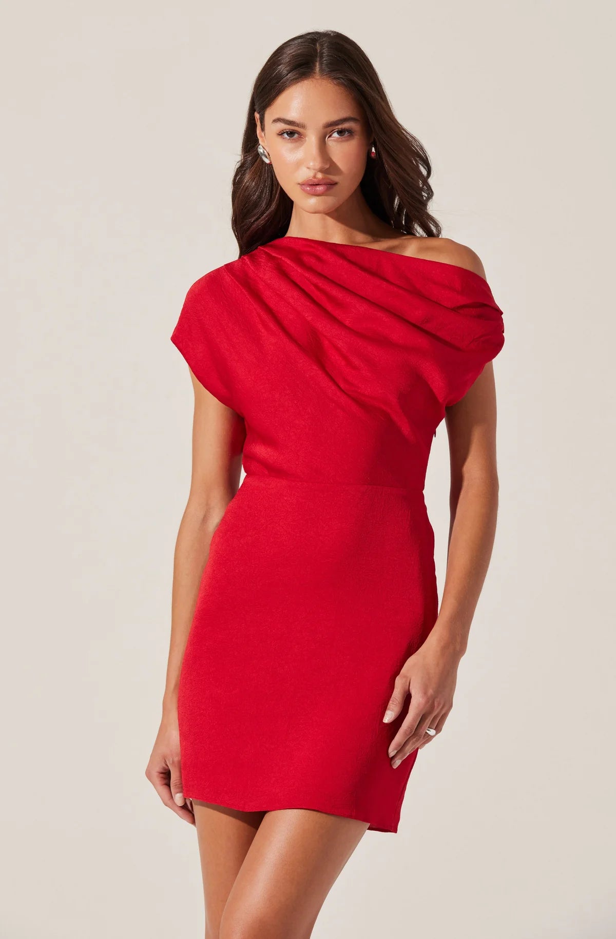 Red Draped Off Shoulder Mini Dress