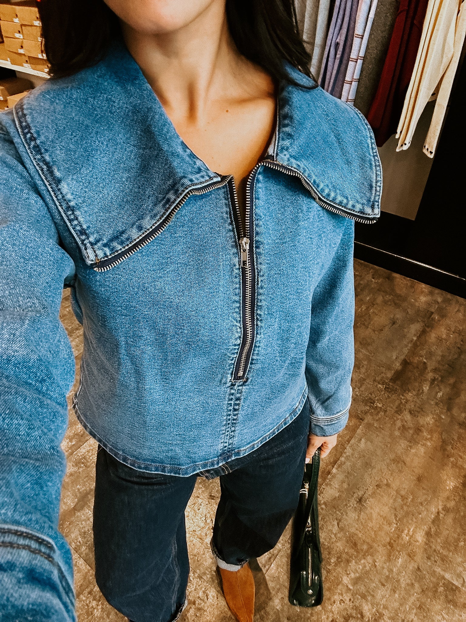 Jessie Denim Zip Up Top