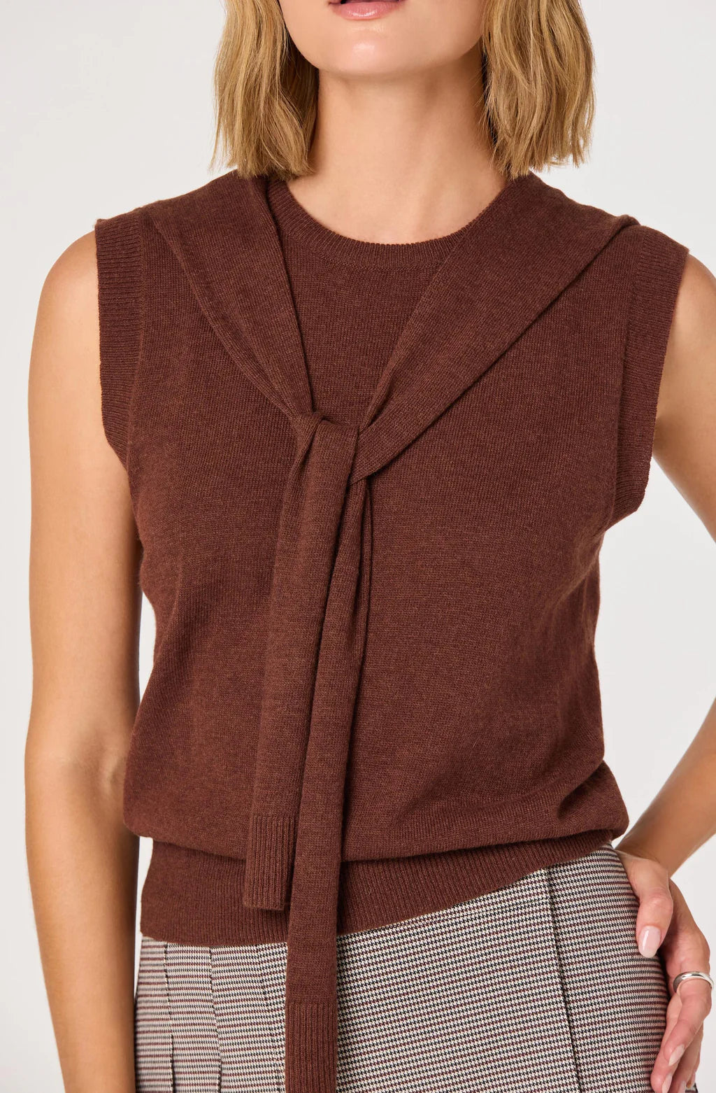 Sleeveless Layered Scarf Sweater- Brown
